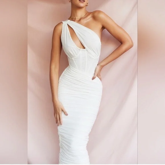 NWOT House of cb Valentina one shoulder Bustier dress in ivory sz S - Picture 2 of 7
